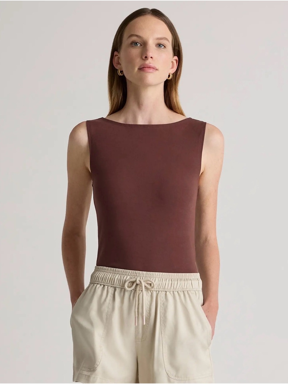 Quince Stretch Cotton Boat Neck Tank Top in Brown
